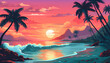 Tropical beach at sunset with palm trees. Vector illustration.