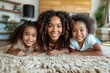Dia das Mães: Mãe negra com suas filhas, expressando amor e carinho. Representação: união familiar, diversidade, laços afetivos, celebração da maternidade