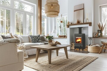 Wall Mural - Living room with a fireplace, white walls and wooden accents, creating a cozy atmosphere with soft furniture and natural light from large windows