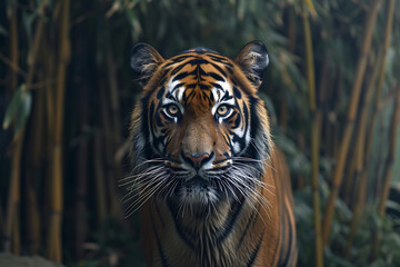 a tiger is standing in a zoo with bamboo in the style d6815cf6-83d9-4f8a-8de3-6d64ee547915 1