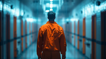 a prisoner in a US federal prison mysteriously entering a cell at night wearing an orange prisoner uniform,generative ai