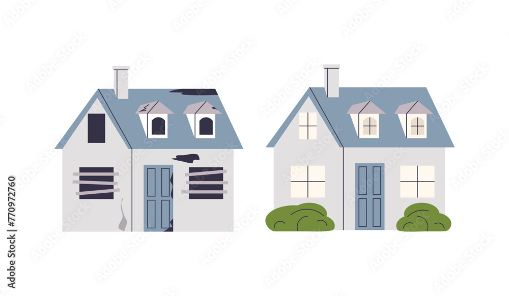 Vektor House facade before and after renovation. Old and new home ...
