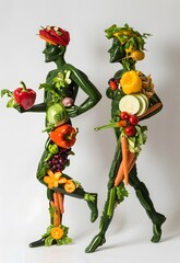 This image depicts two human-like figures made entirely out of various vegetables and fruits