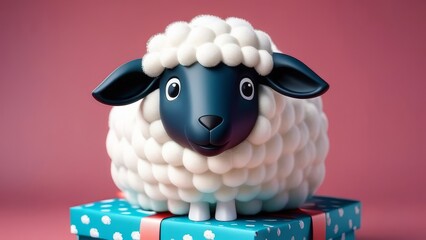 Wall Mural - A sheep is standing on top of a blue box. The box is blue and has red dots on it