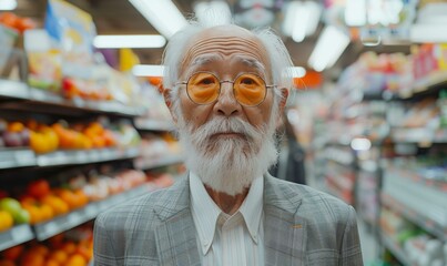 Wall Mural - An old man with glasses in a supermarket aisle. Generative AI.