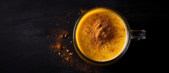 Wall Mural - A closeup shot of a cup of golden milk on a table, showcasing the intricate details through macro photography