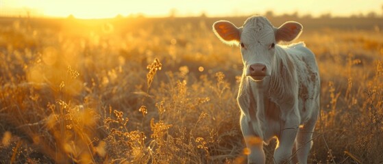 Wall Mural - A cow is standing in a field at sunset. Generative AI.