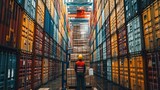 Fototapeta  - Portrait of a warehouse worker standing in front of a large container.