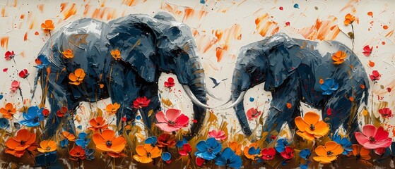 Sticker - A beautiful abstract oil painting art with flowers, leaves, elephants, zebras and horses adorned with golden glitter. Prints, wallpaper, posters, cards, murals, rugs, hangings, wall art... Various