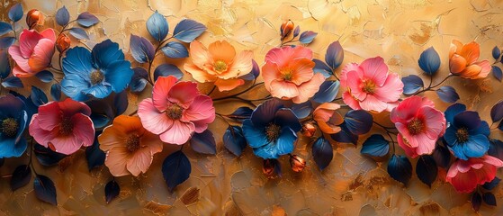 Wall Mural - The abstract oil painting consists of flowers, leaves. Sprinkle the paint on the paper and wait for it to dry. Shiny golden texture. Prints, wallpapers, posters, cards, murals, rugs, hangings, wall