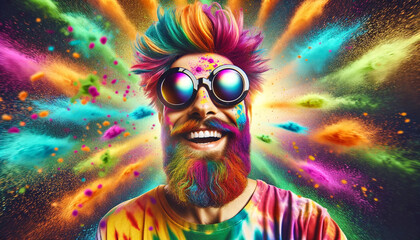 Wall Mural - man with sunglasses, in a colorful powder explosion, generative ai