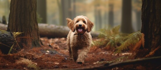 Poster - A carnivore dog, belonging to a specific dog breed, is strolling through a natural setting with trees and grass in the background, showcasing its role as a working animal and loyal companion dog