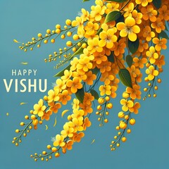 Wall Mural - Happy vishu card illustration with beautiful konna flowers.