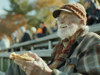 Sticker - A man with a beard and glasses eating a slice of pizza. Generative AI.