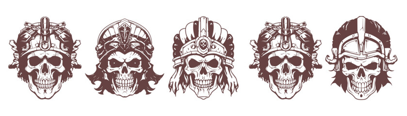 Wall Mural - set of line art skull heads with ancient crowns