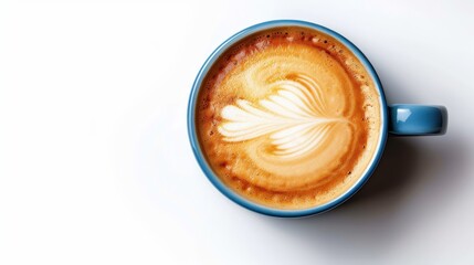 Poster - Coffee cup with frothy foam. Cafe and bar, barista art concept. Blue coffee cup top view closeup isolated on white background.