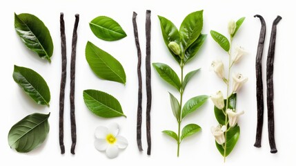 Poster - A vanilla flower stick and leaf isolated on a white background as part of a package design