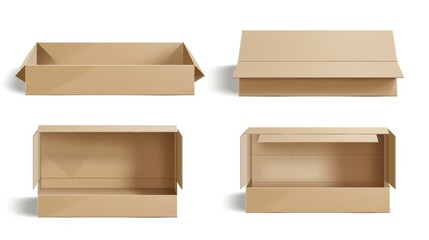 Aufkleber - Mockup of a real-looking cardboard box showing the side, front, and top views, open and closed, isolated on white background. Parcel packaging template - modern illustration.
