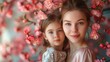Fundo fotográfico para o Dia das Mães, com mãe e filha em meio a cerejeiras em flor. Representação: amor familiar, vínculo materno, beleza da natureza, celebração da primavera