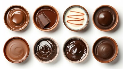 Aufkleber - A set of melted chocolate bowls (dark, milk, white) on a white background, top view