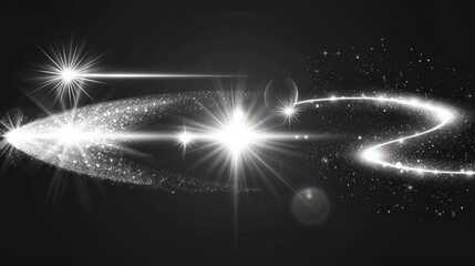 Poster - Set of white glow effects with lens flare, explosion, glitter, dust, lines, sun flash, sparks, stars, spotlight, curve twirl. Abstract light effect with sunshine.
