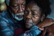 Elderly african american couple embracing, expressing a somber and tender moment.