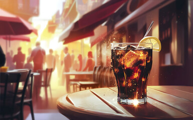 Wall Mural - Glass of cola with ice and lemon on the table street cafe soft focus copy space