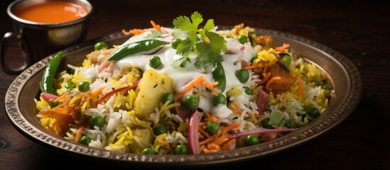 Wall Mural - A delicious dish consisting of rice, vegetables, and sauce placed on a table. This recipe includes leafy greens and other fresh produce, making it a nutritious and satisfying meal