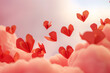 A 3D rendered Valentine's Day scene with paper hearts descending through a softly hued pink sky.