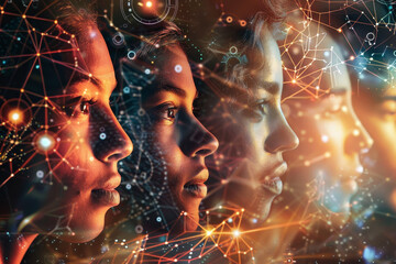 Poster - Three women's faces are shown in a collage of stars and lines