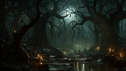 Poster - Fantasy dark forest with fog. 3D illustration. Halloween background, AI Generated