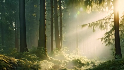 Sticker - Beautiful landscape with a forest river and sunbeams through the trees, AI Generated