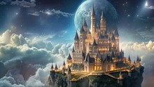 Fantasy Landscape With Fantasy Castle And Full Moon. 3D Rendering, AI Generated