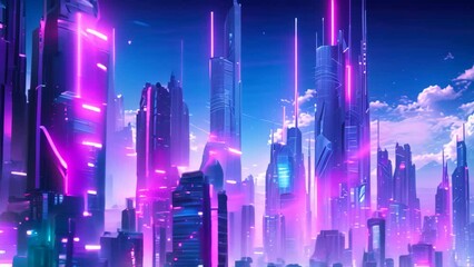 Poster - Futuristic city at night with illuminated skyscrapers and high-rise buildings, AI Generated