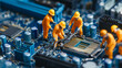 © Blackmint Studio - Miniature workers repairing a computer motherboard in simulated maintenance.