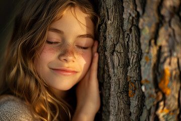 Wall Mural - A young girl is hugging a tree trunk