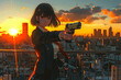 Anime girl aiming a gun at sunset cityscape