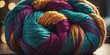Close-Up of a Colorful Ball of Yarn. A close-up photo of a ball of yarn in shades of blue, green, and purple. The yarn is wound loosely, revealing its soft, textured plies.