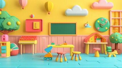 Poster - A digital classroom online education kindergarten concept, set on a mobile website background with decor by blackboard kid, children, at a table chair. 3D modern illustration.