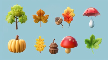 Poster - Acorn, rowan, pumpkin, umbrella, maple leaf, oak, poplar, physalis, maple leaf, oak. 3D modern icon set.