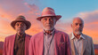 Three older men posing while wearing pink outrageous flat caps hats and flamboyant and eccentric clothing.