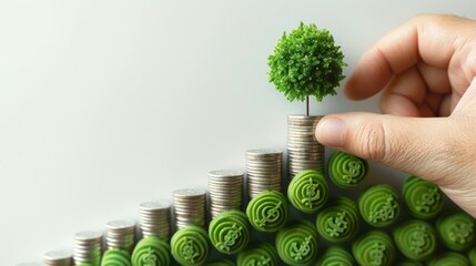Poster - Businessman holding coin with tree growing on money coin stack and digital growth graph. Sustainable finance.