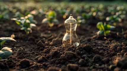 Wall Mural - Iluminated light bulb on soil and plants are growing. Success in sustainable business and pollution reduction. Green Eco energy.