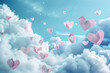 Dreamy 3D composition with paper hearts elegantly floating among clouds, creating romantic pattern.