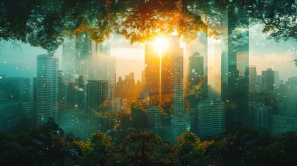Poster - Green city - two exposures of lush green forest and modern skyscrapers