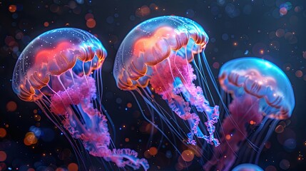 Glowing jellyfish swim deep in blue sea.  Isolated on a black background.