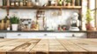 Wood table top on blurred kitchen background. can be used mock up for montage products display or design layout - generative ai