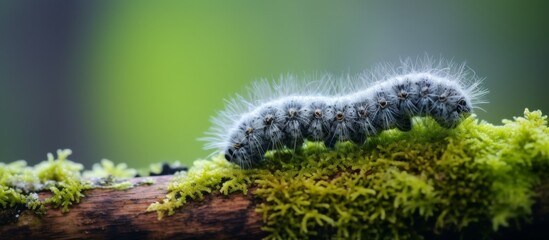 Wall Mural - A macro photograph capturing a caterpillar crawling on a mossy branch in a natural landscape. The terrestrial animal contrasts with the grassy background, creating a beautiful scene in the grassland