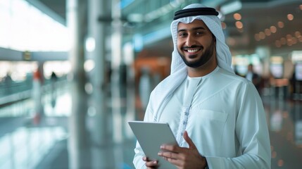 Poster - Businessman using tab computer while waiting for flight boarding, young middle eastern man posing at airport terminal, millennial arab businessman using tab computer while waiting for flight boarding.