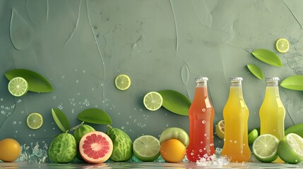 Poster - Colorful citrus fruit and juice bottles against a green backdrop. Freshness concept. Ideal for food and drink themes. Vibrant, healthy lifestyle imagery. AI